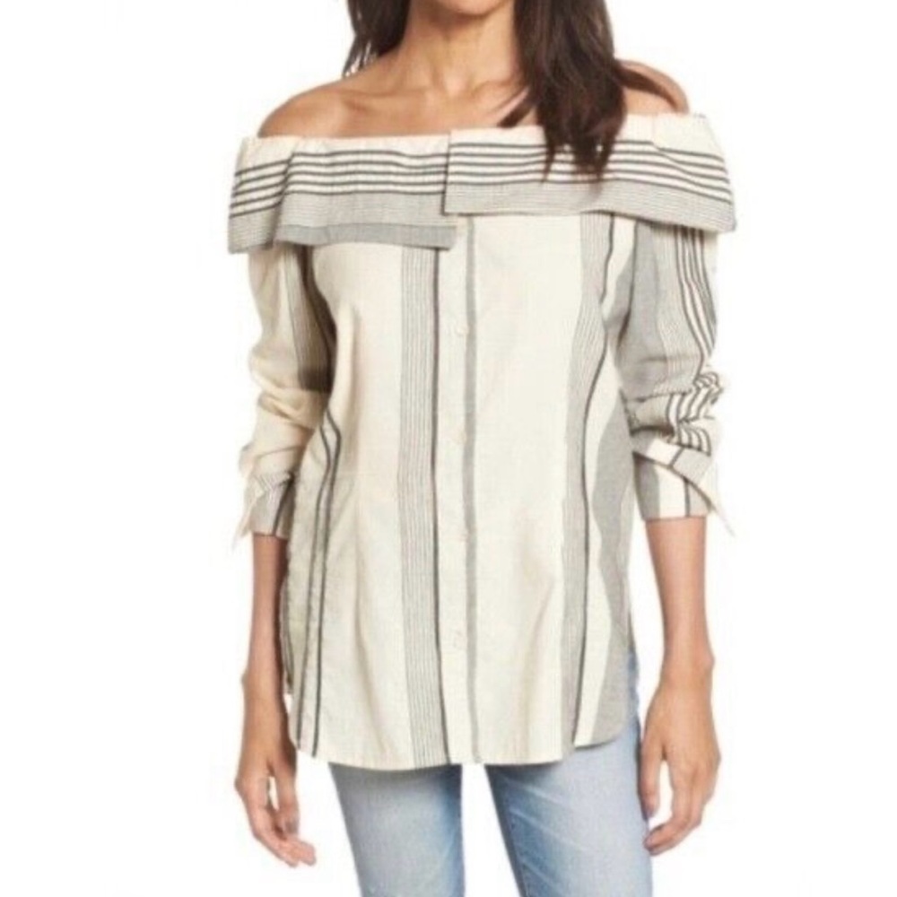 Chic Off-Shoulder Striped Top ✨ Off-Shoulder Striped Blouse – Size M